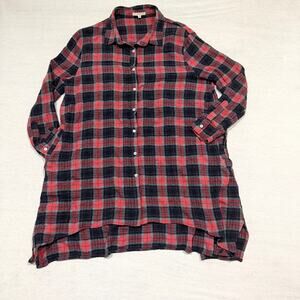 Easel Plaid Crinkle Shirt Dress Tunic Red Black Long‎ Sleeve Button Front Size M